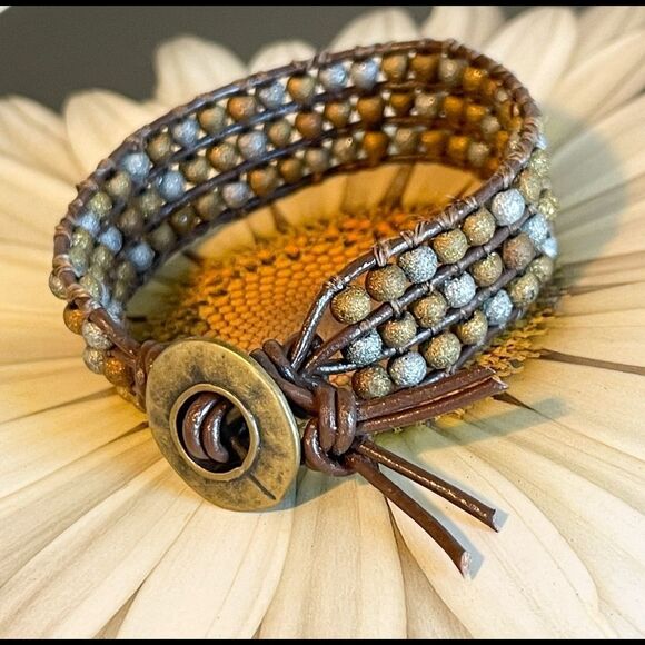 HANDMADE 3 Row Leather and Bead Cuff Bracelet - Picture 1 of 9